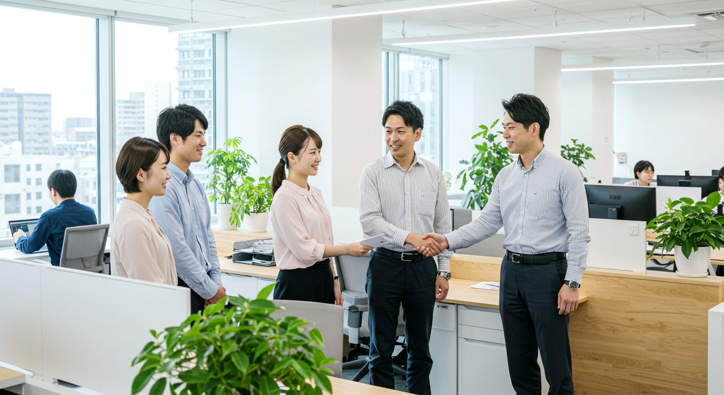 アプリ 開発の会社 男性と女性が 握手