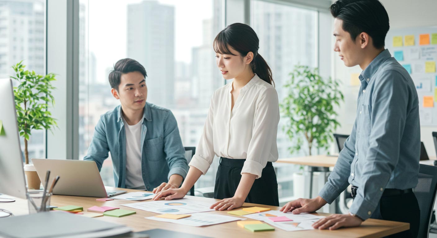 男性と女性が机の上で会議 付箋 PC　オフィス　　おしゃれ
