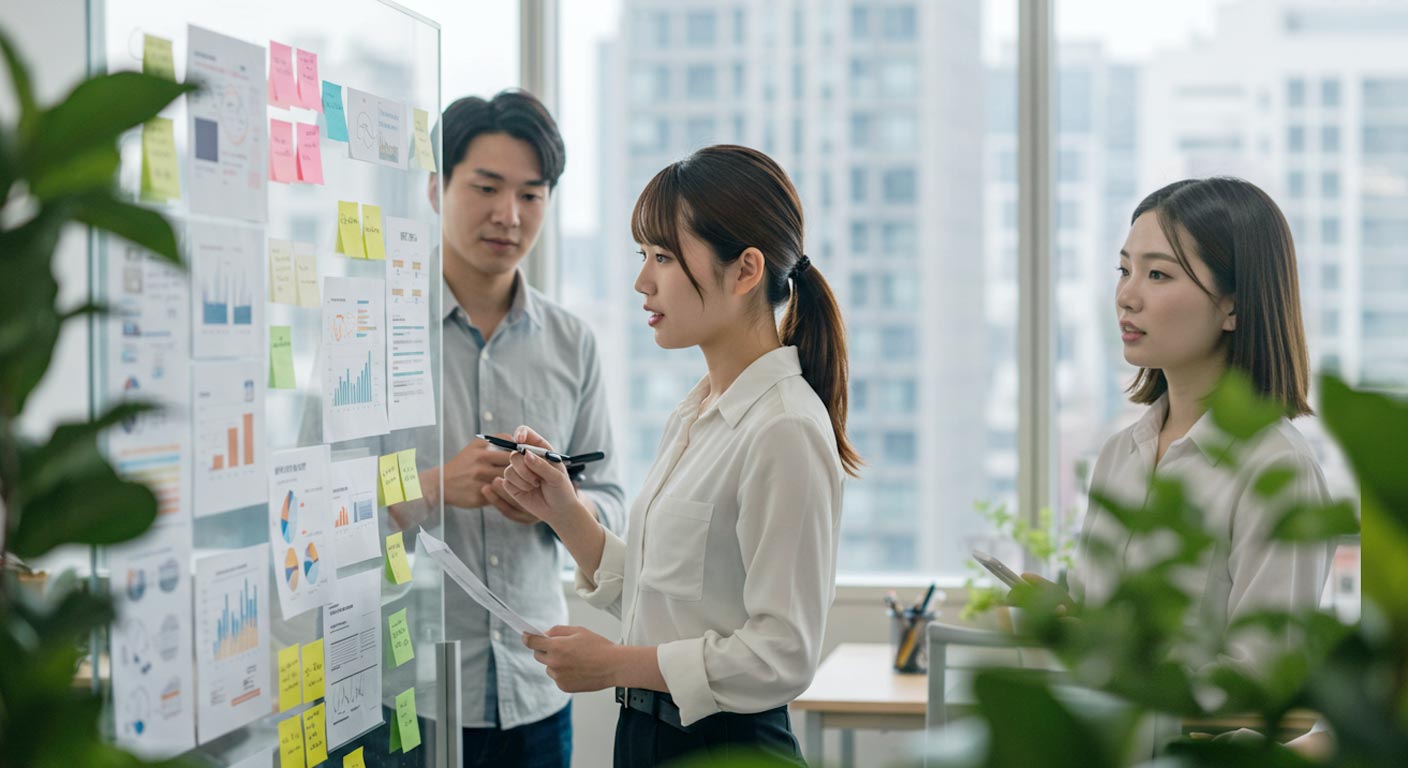 男性と女性が机の上で会議 ホワイトボード　オフィス　付箋　おしゃれ