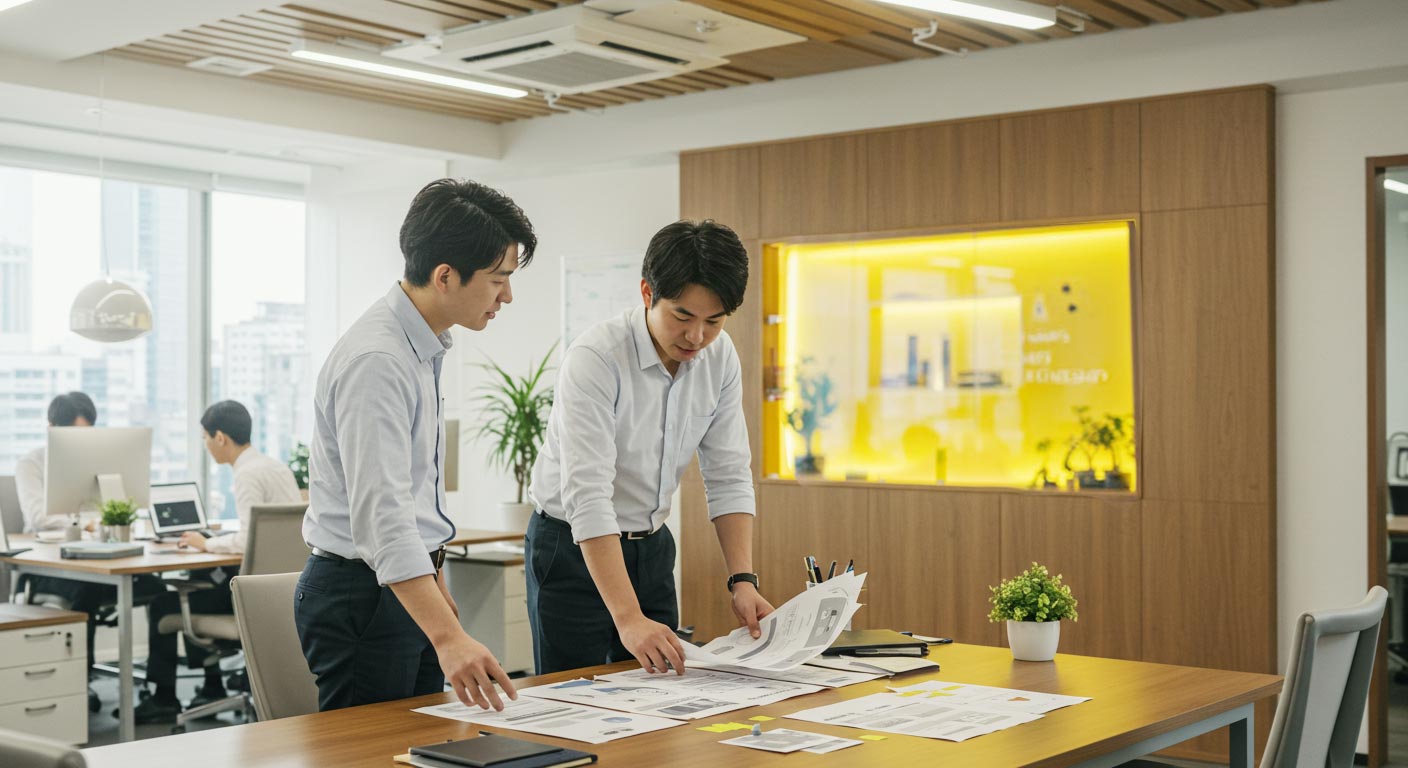 男性たちが打ち合わせ　mtg アプリ　開発