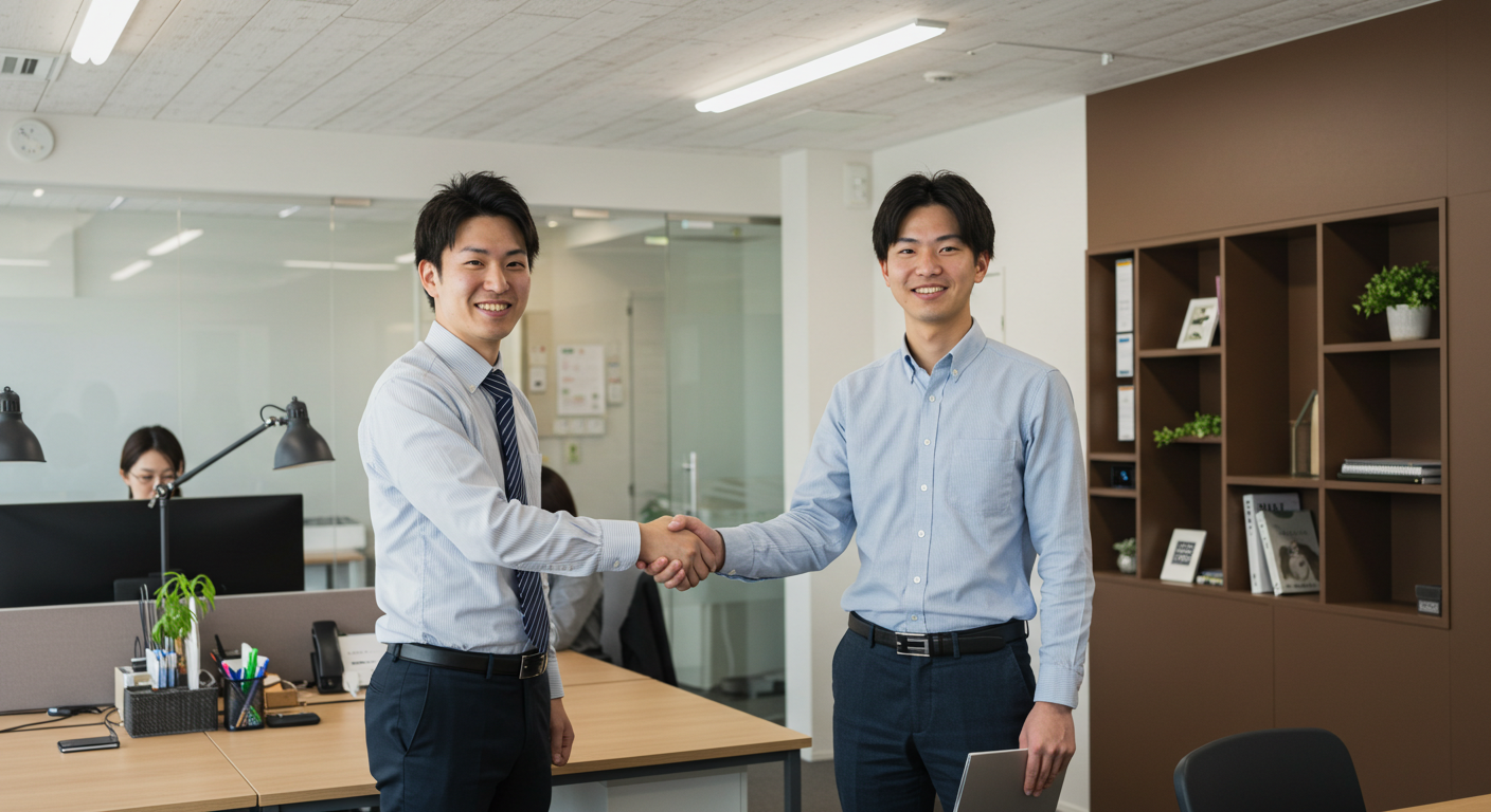 アプリ　開発の会社　男性たちが握手