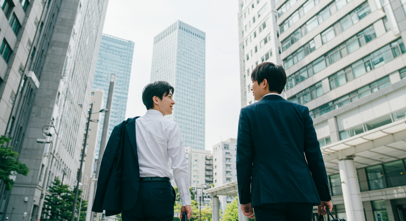 アプリ　開発の会社　男性たちがクライアントの会社に向かって歩いている