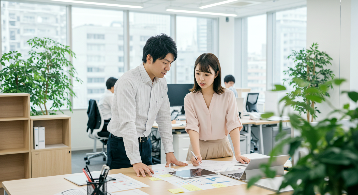 アプリ 開発の会社 男性と女性が真剣に会議