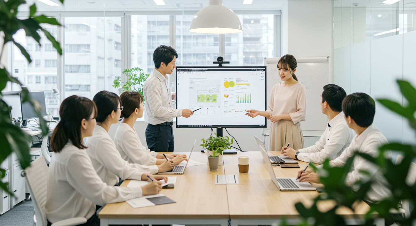 アプリ　開発の会社　男性と女性がプレゼン