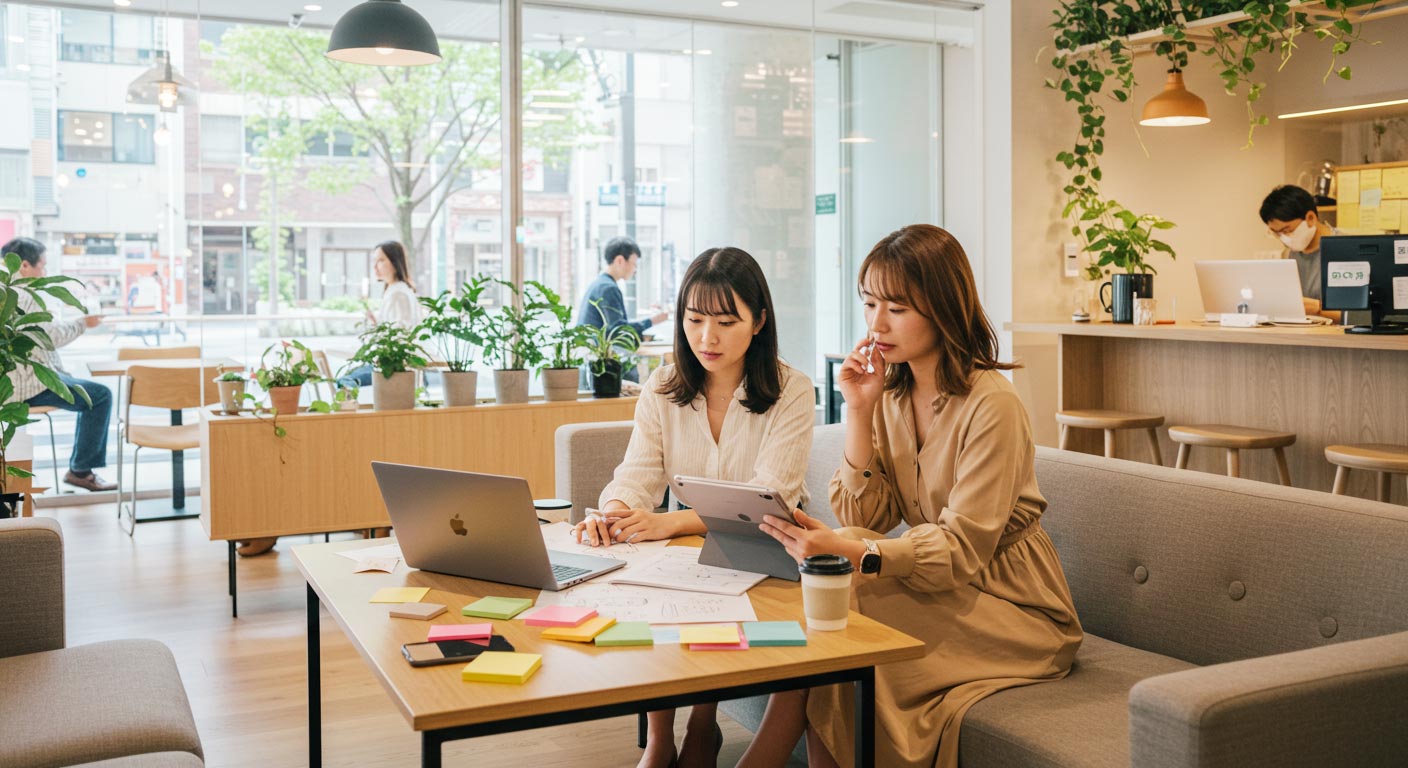 おしゃれなオフィス。　 制作チームが真剣に打ち合わせ ECでもアプリでもなんでも