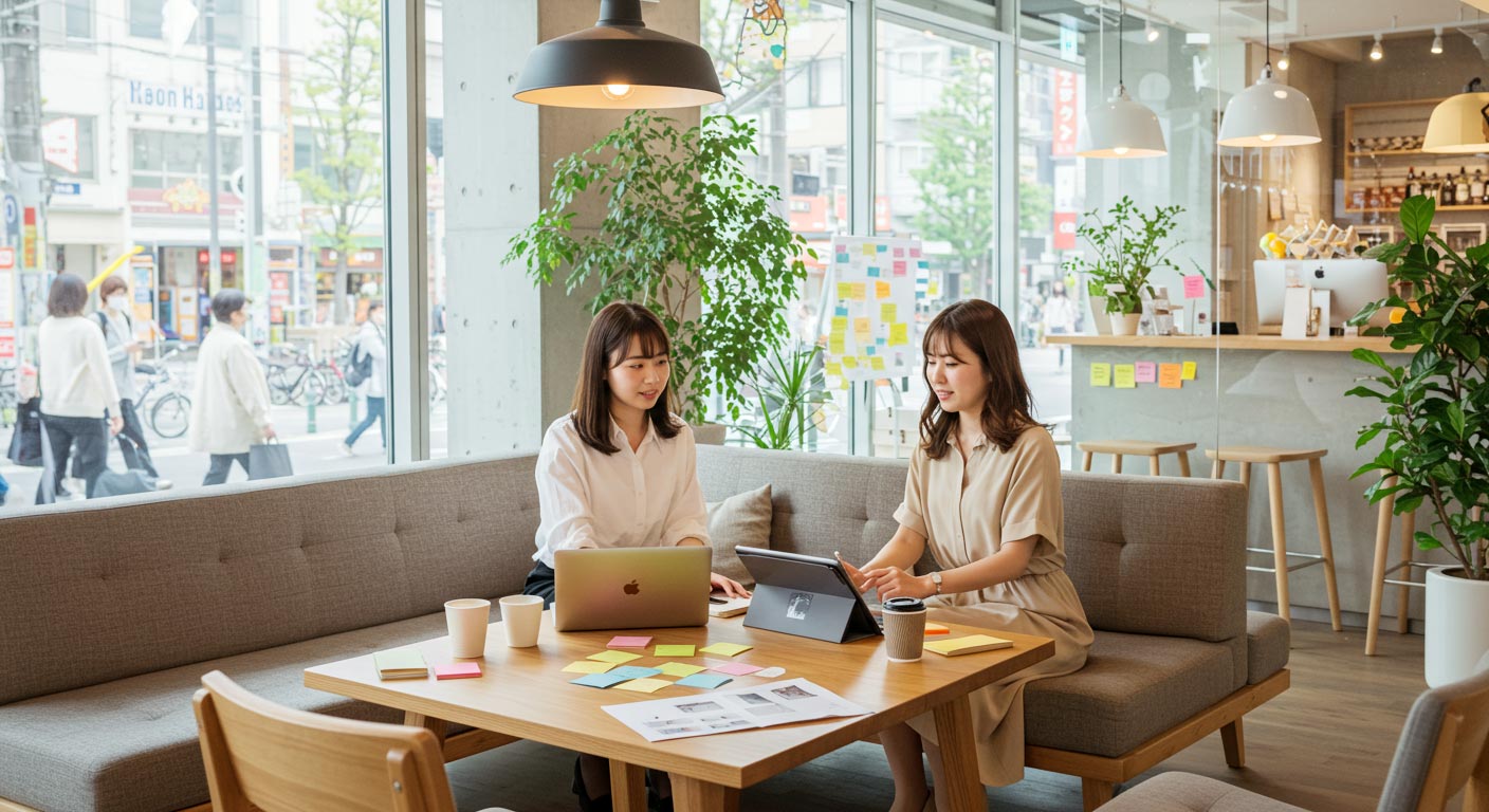 おしゃれなオフィス。 制作チームが会議 付箋 ECでもアプリでもなんでも