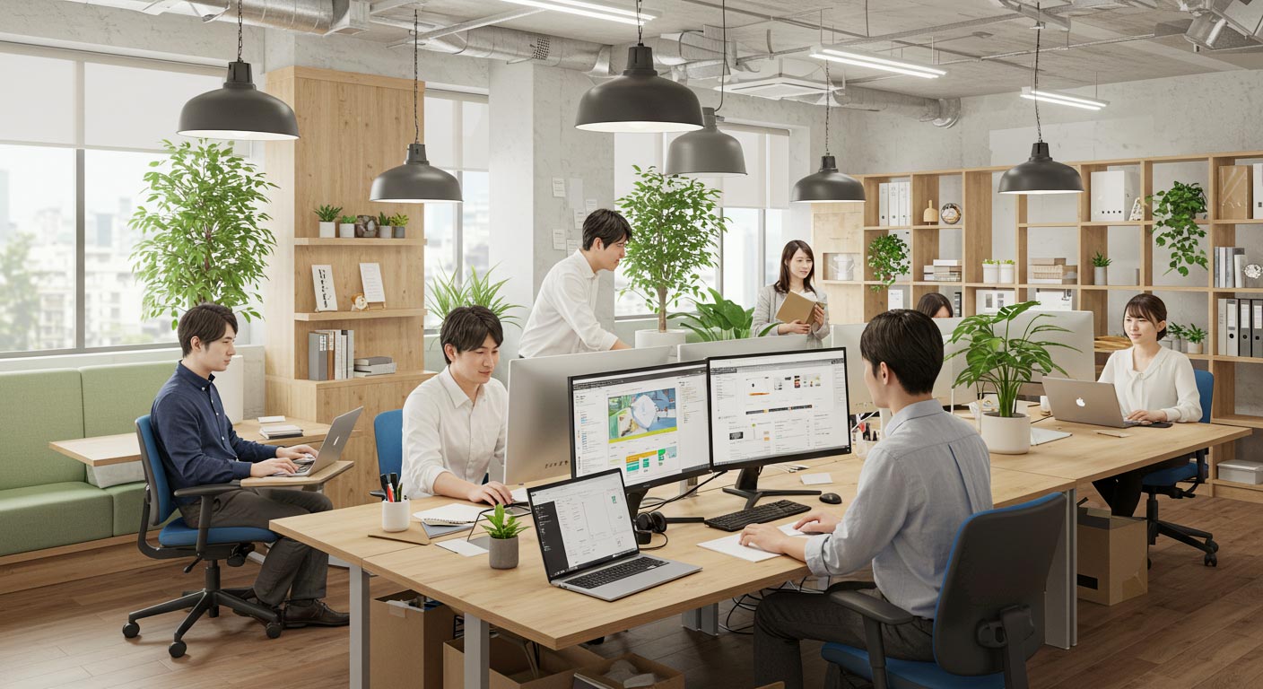 男性と女性 おしゃれなオフィスそれぞれが仕事している