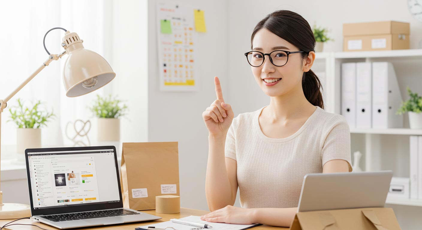 女性　指を上げて注目　ワンポイントアドバイス　PC　ECサイト