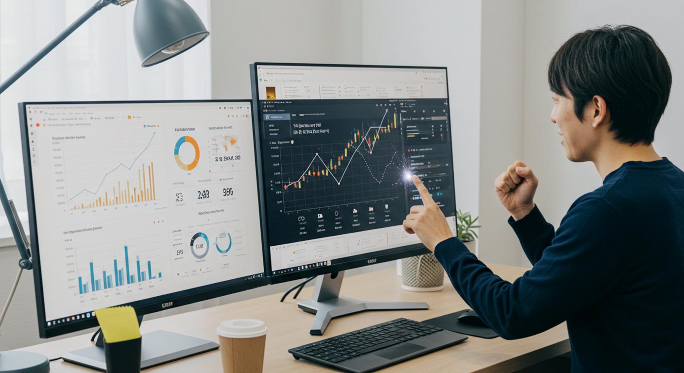 男性　マーケティング　成功　ガッツポーズ