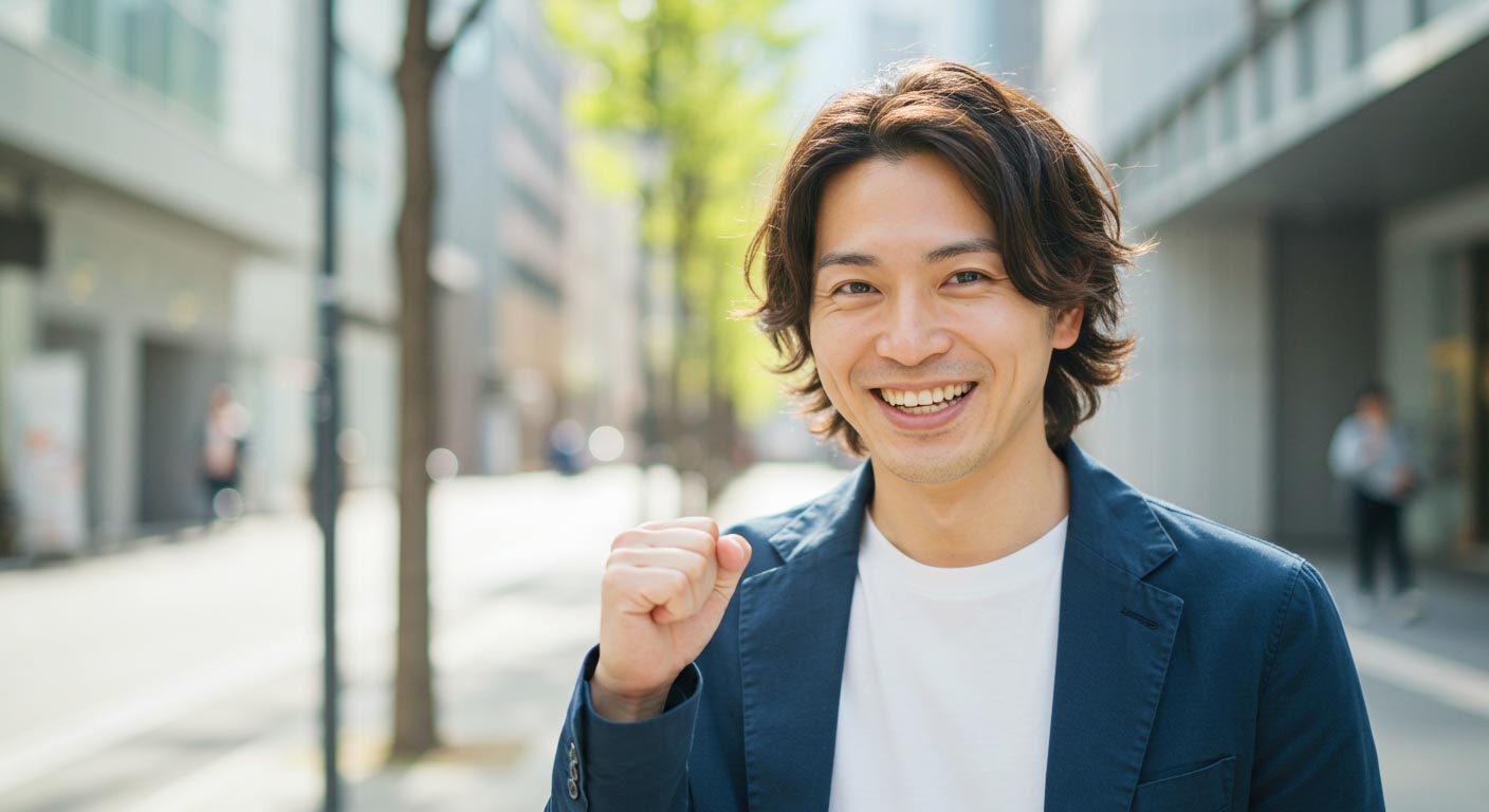 笑顔の男性　信頼感　オフィス街　ガッツポーズ