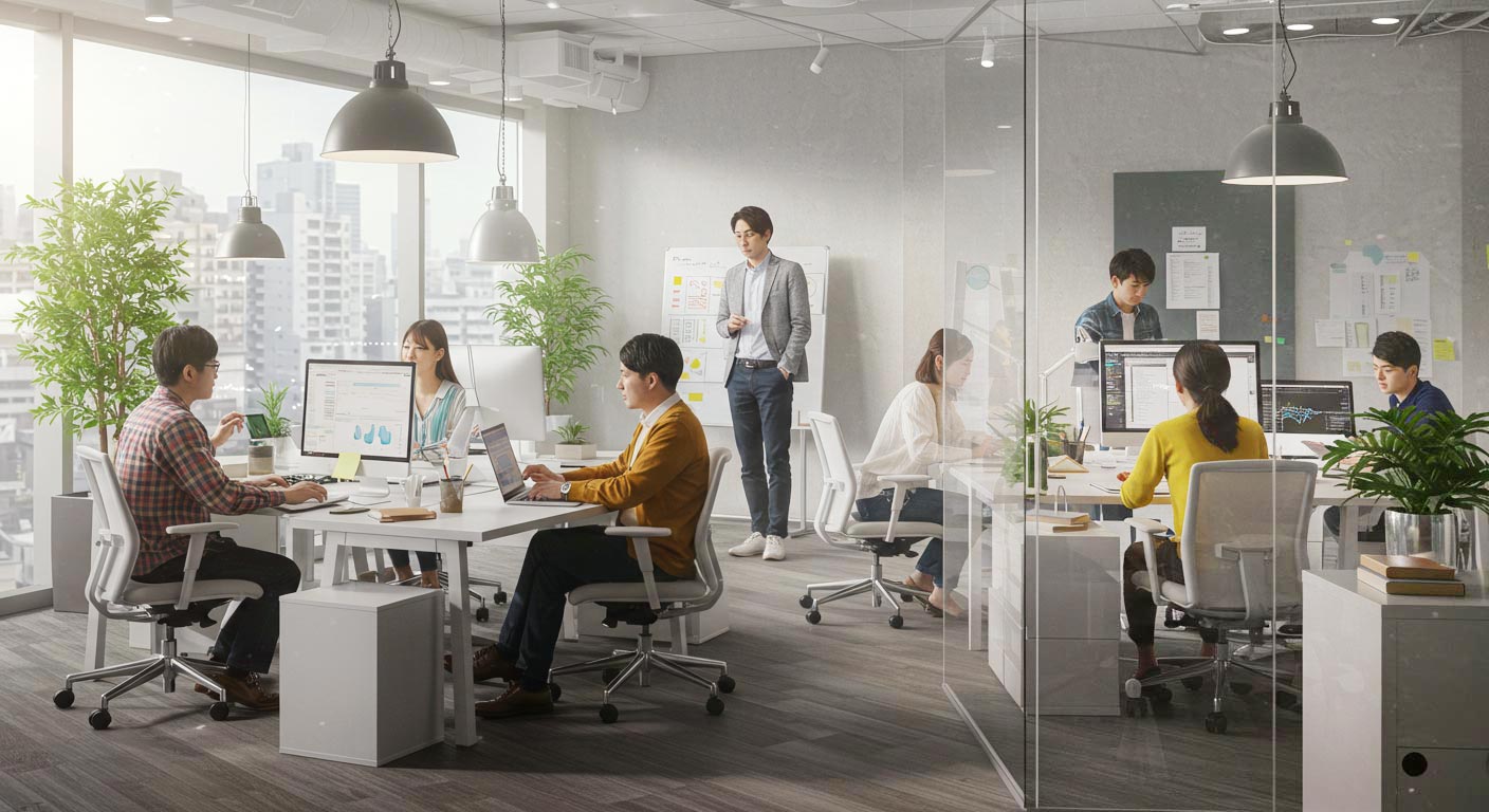 おしゃれなオフィス 男性と女性 アップルのようなイメージ