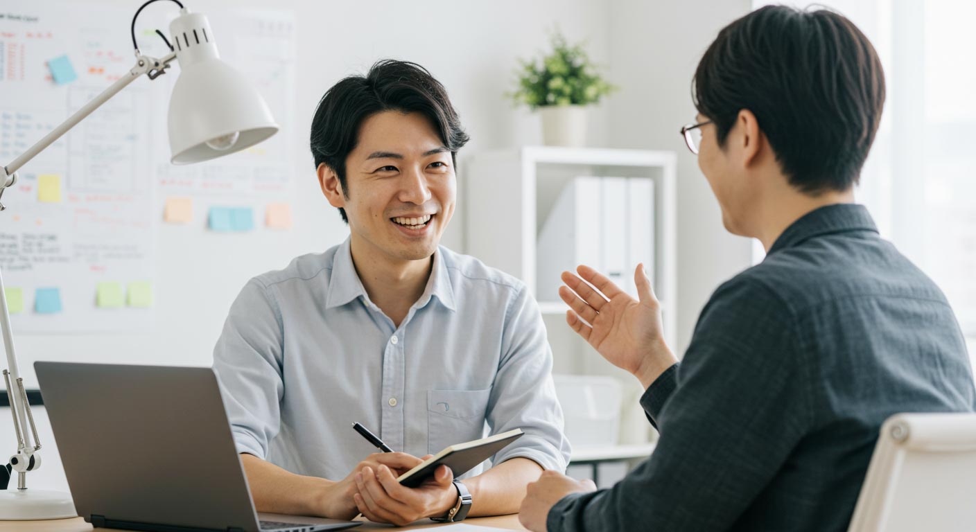 男性　PC 説明　信頼　