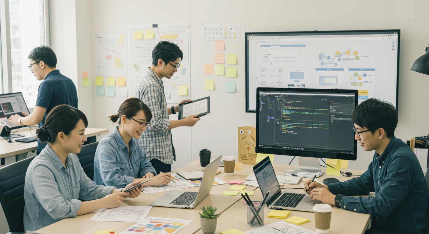 オフィス　男性　女性　MTG　PC　説明　会議　若い