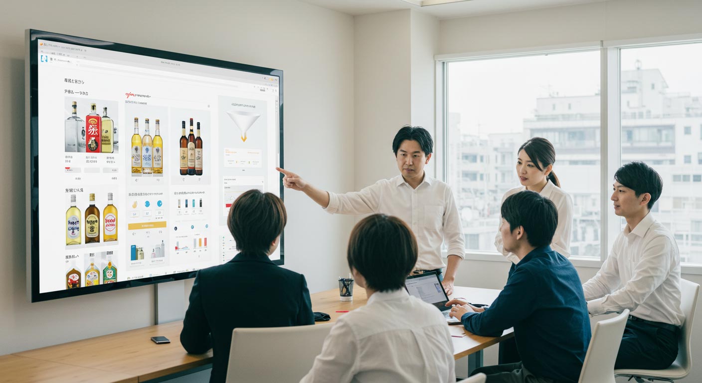 オフィス　男性　女性　MTG　PC　説明　会議　ワイン　お酒