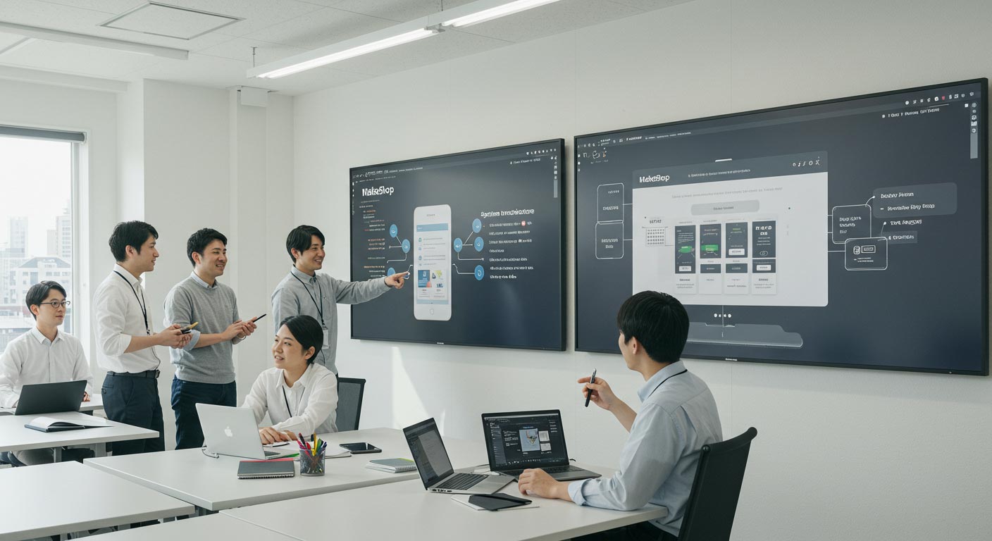 男性たち モニターの前で会議 設計を話している アプリ開発 システム開発