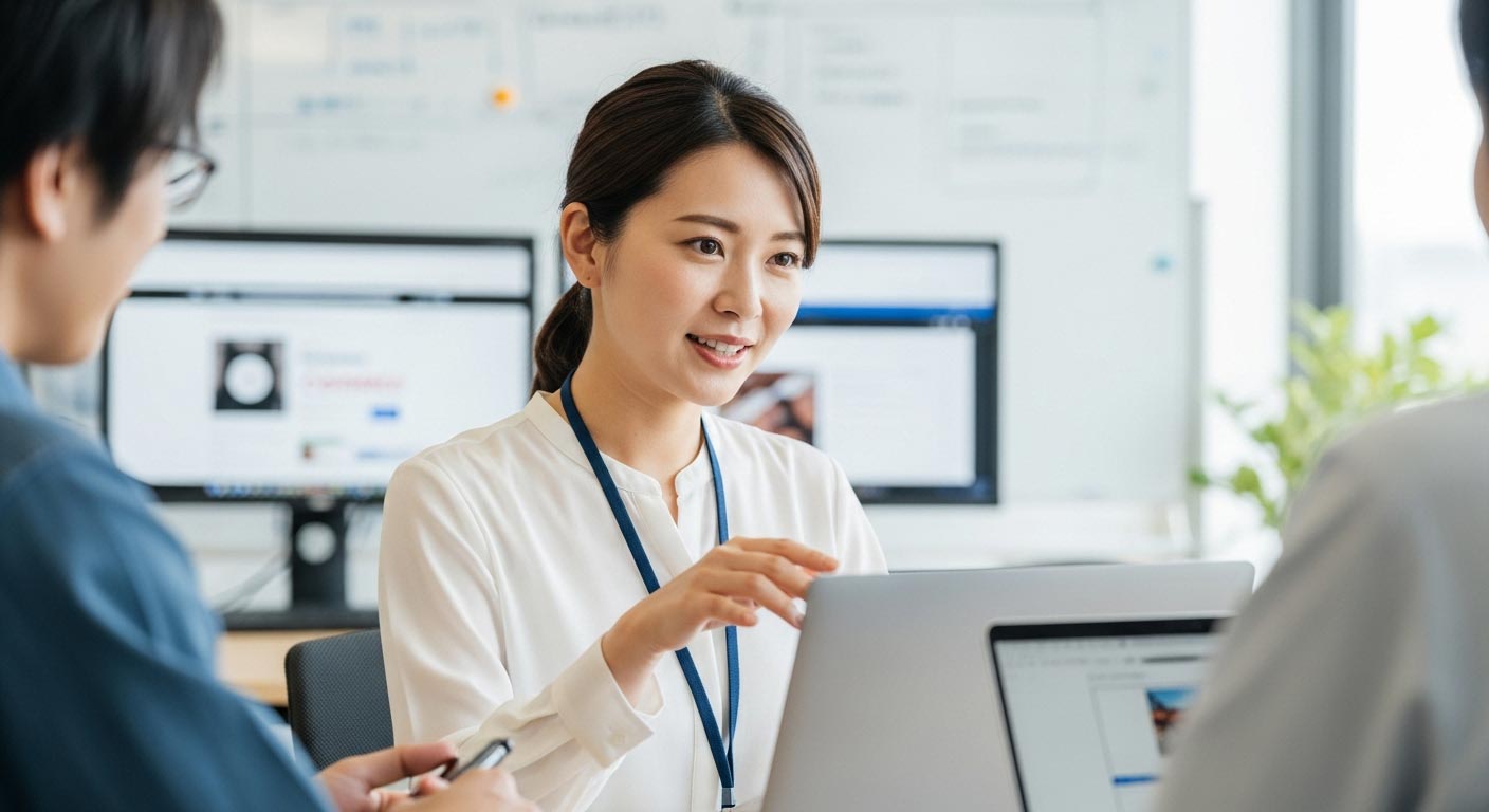 女性　PC 説明　信頼　