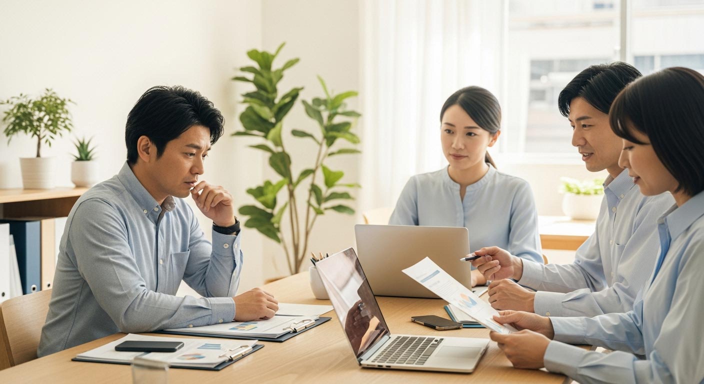 男性　PC 説明　信頼　男性と女性が聞いている