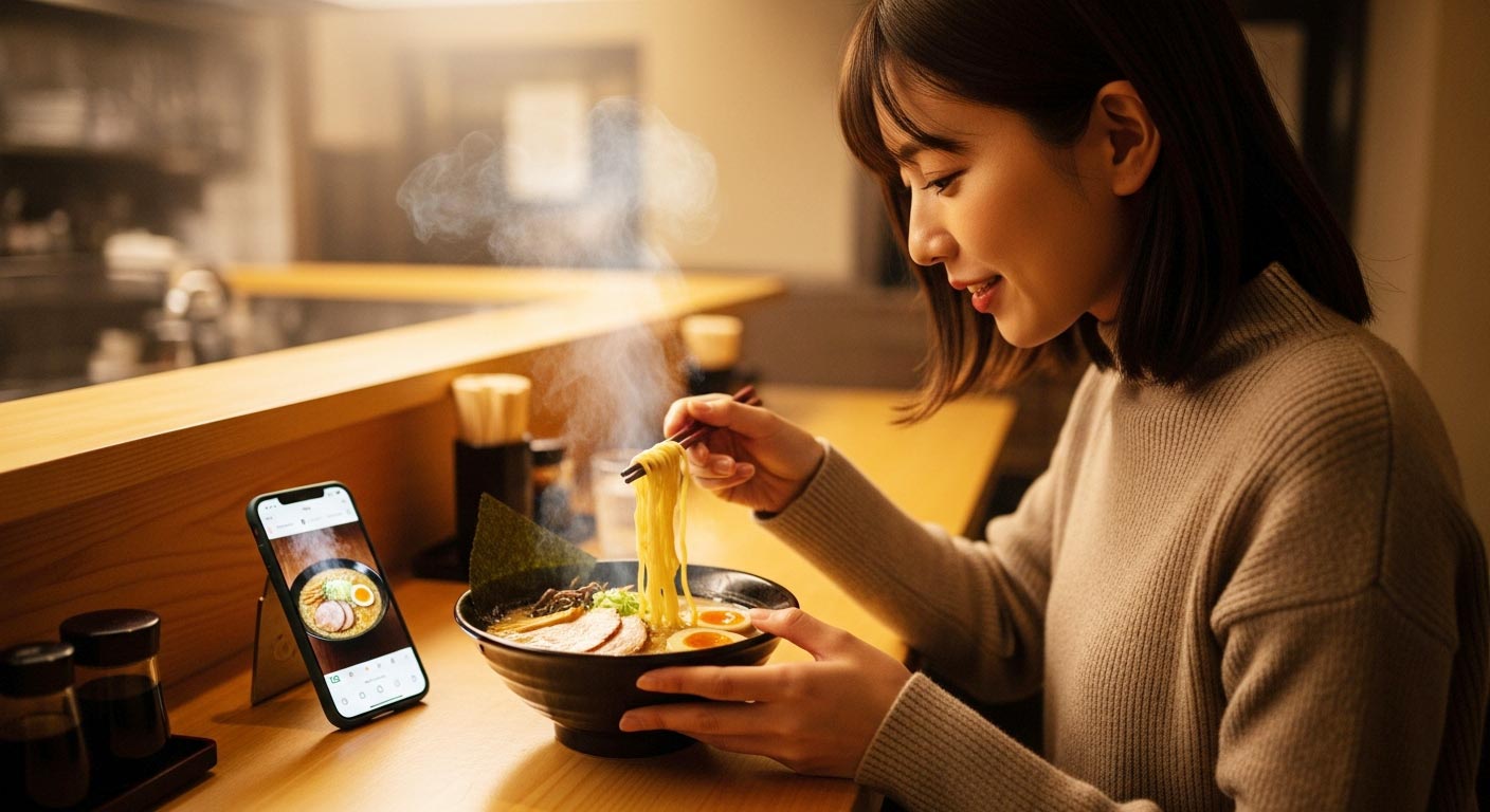 女性がラーメンを食べているシーン