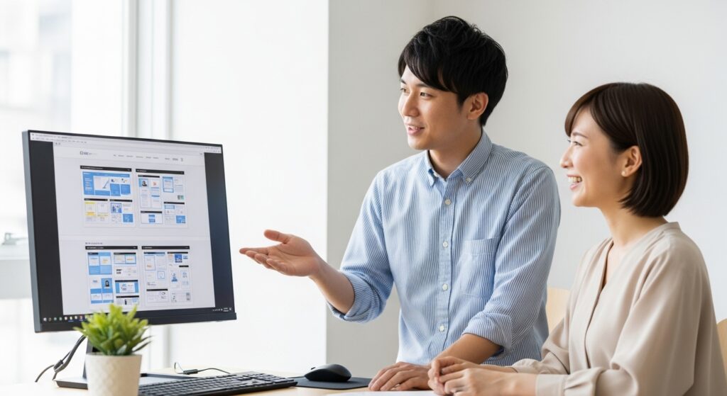 男性　PC 説明　信頼　女性　笑顔　画面はECサイト　設計