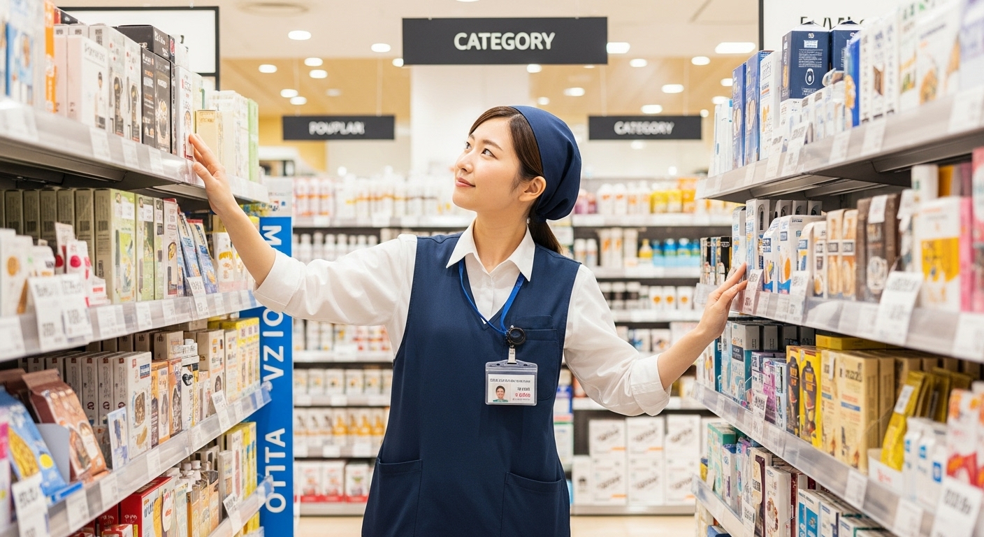 女性 お店 ストア 棚の前 スタッフ