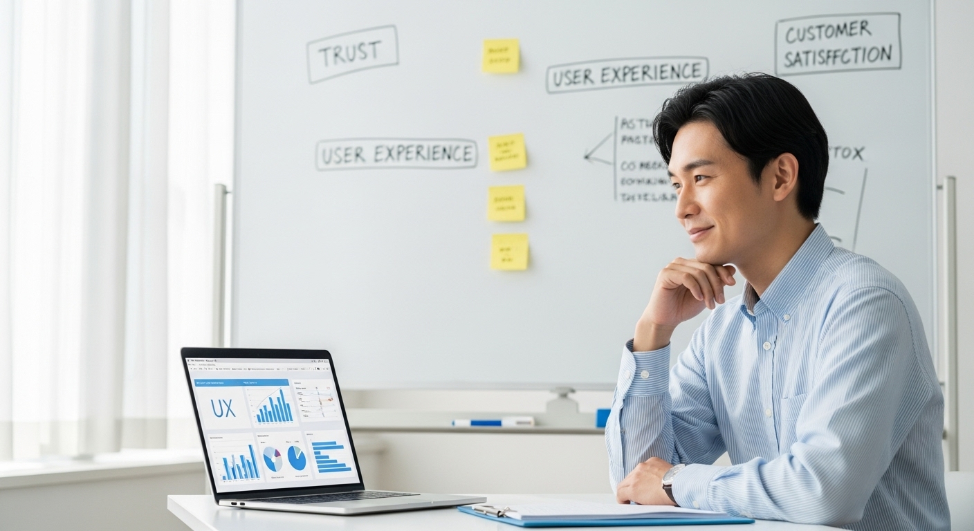 男性 PC 信頼 笑顔 画面はUX UI