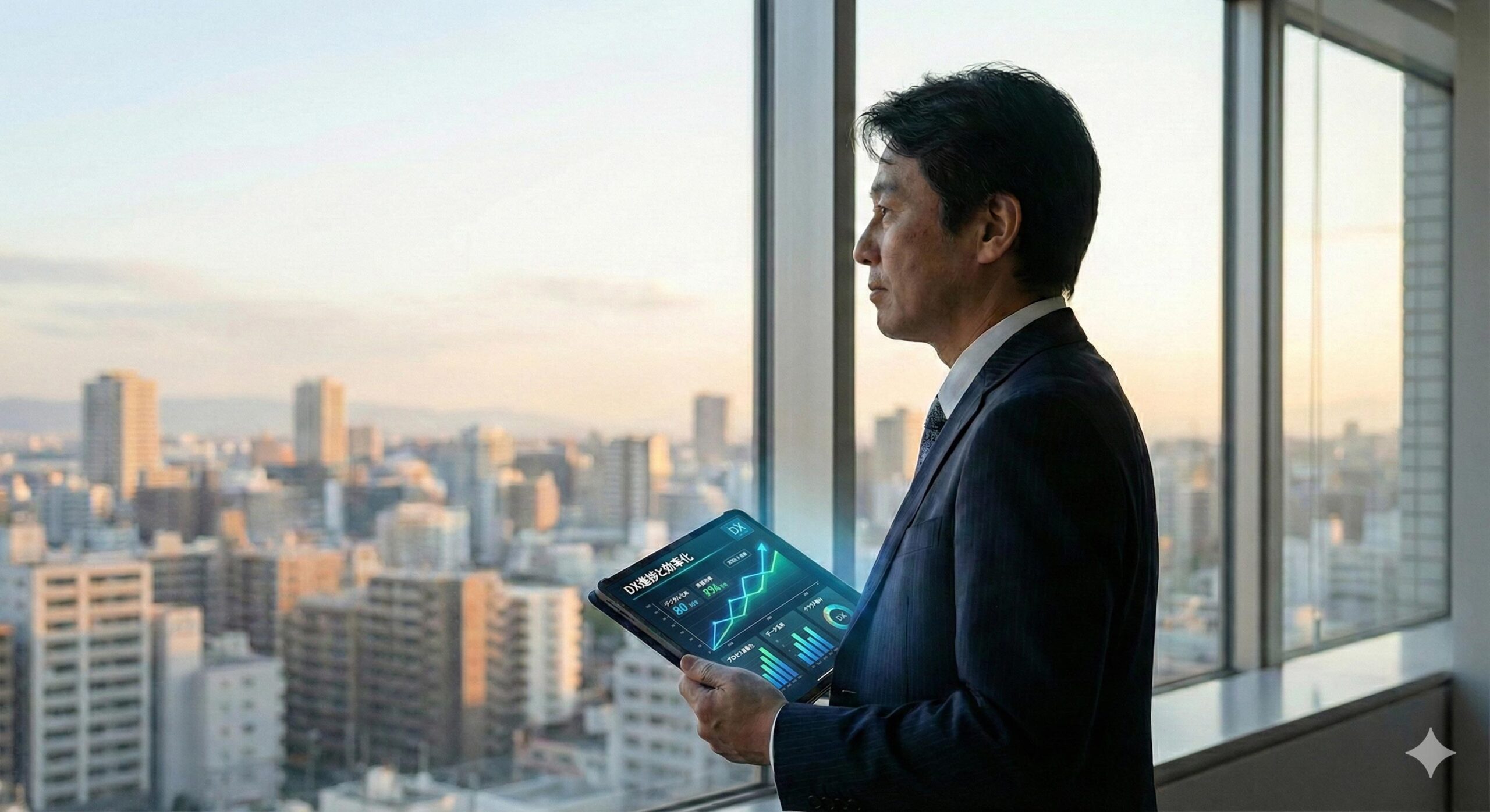 男性 オフィスから外を真剣な眼差しで見ている ipad 画面はデータ化 オフィスの外は高層ビル