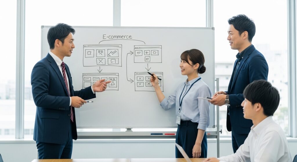 男性 女性 ホワイトボード 説明 設計 ECサイト