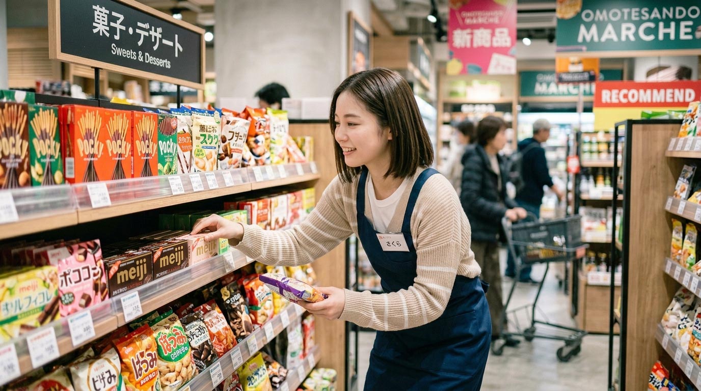 フード業界　食品　店舗　棚　女性