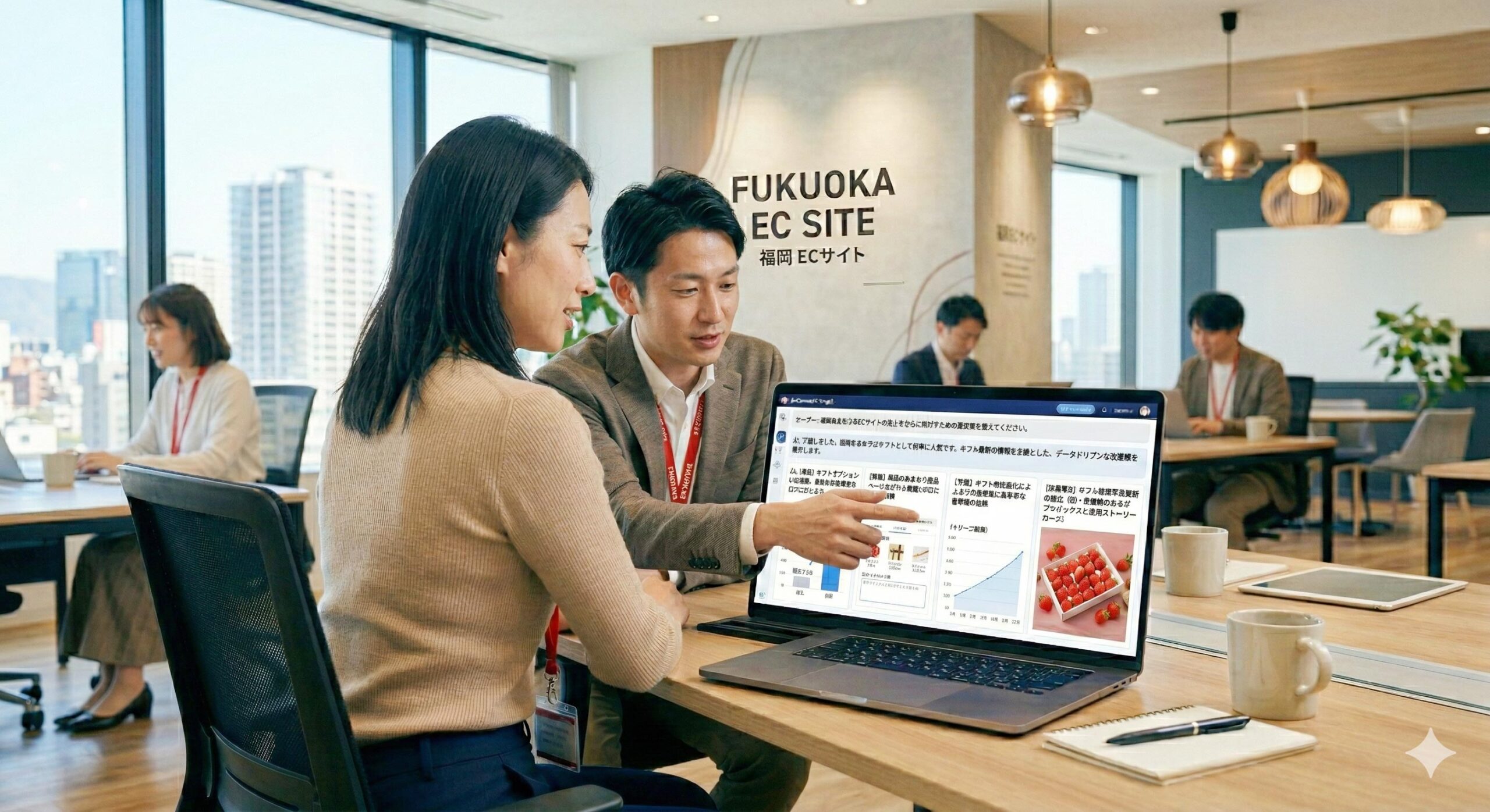 福岡ECサイトのオフィスで女性が男性とPCに向かってMTG、会議　MTG 女性　男性　ECサイト