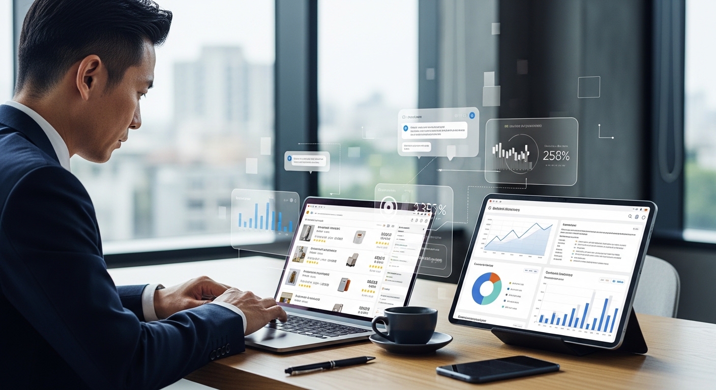 男性がPCでECサイトの商品登録をしている。グラフなどの売り上げデータ。pc EC　グラフ　データ　売り上げ