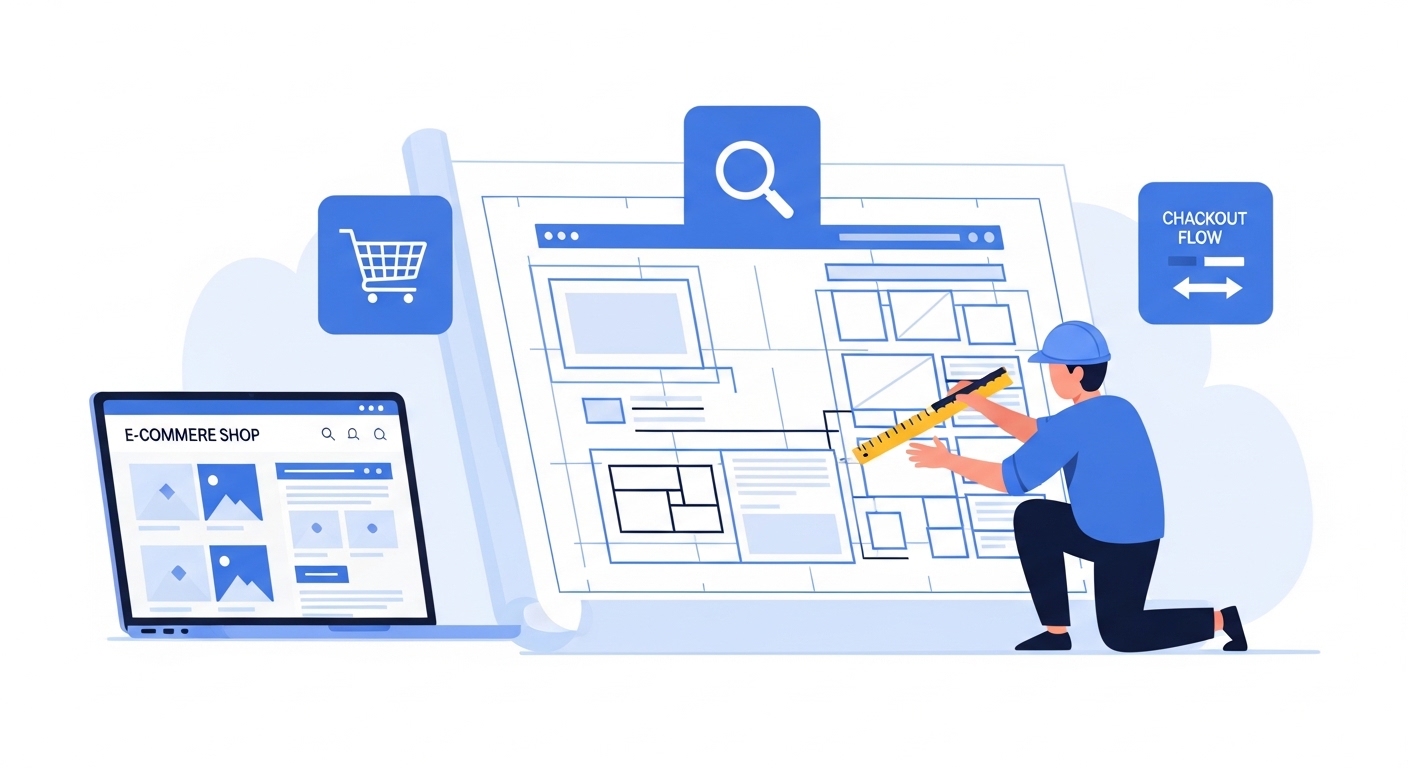 ECサイトの構造設計をイメージした設計図イラスト