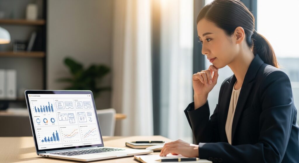 女性 PC 説明 真剣