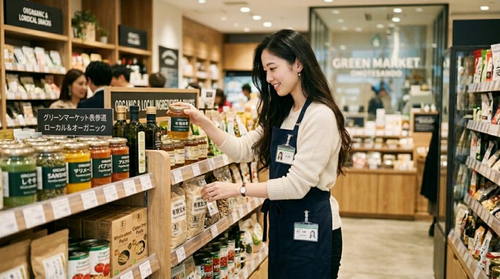 フード業界 食品 店舗 棚出し 商品入れ替え 商品チェック 女性 オーガニック系