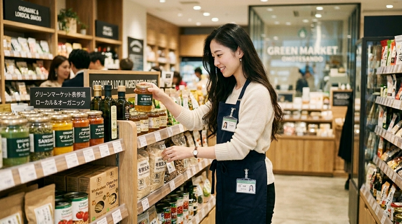 フード業界　食品　店舗　棚出し　商品入れ替え　商品チェック　女性　オーガニック系