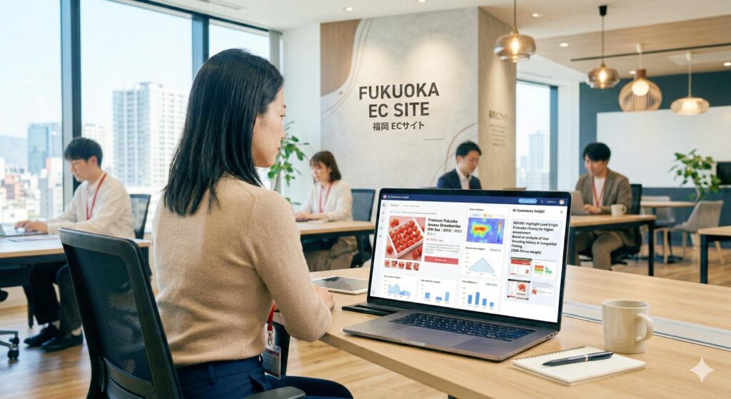 女性が福岡ECサイトのオフィスで仕事をしている。女性　オフィス　ECサイト