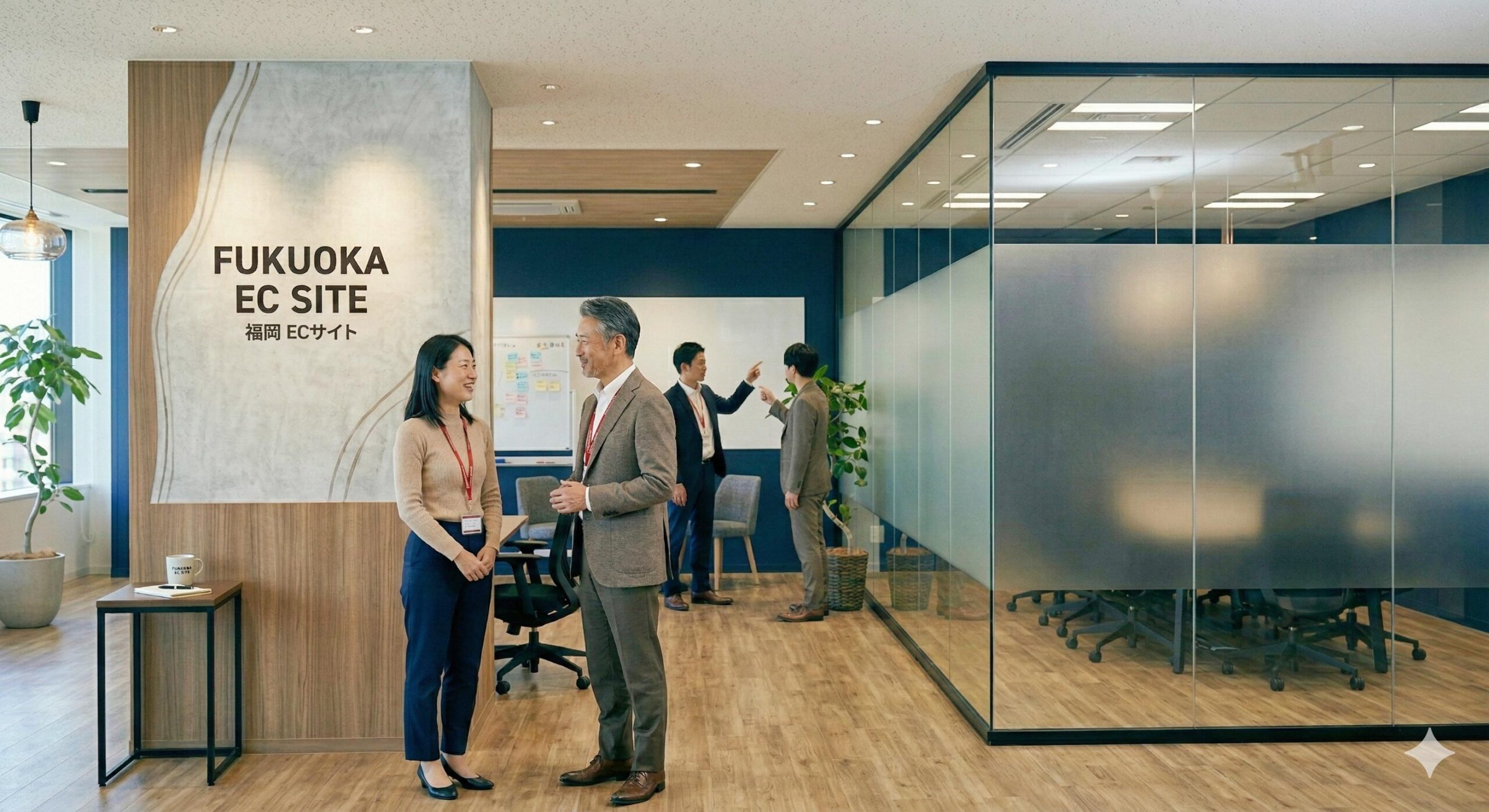 福岡ECサイトのオフィスで女性と男性が会話をしている。