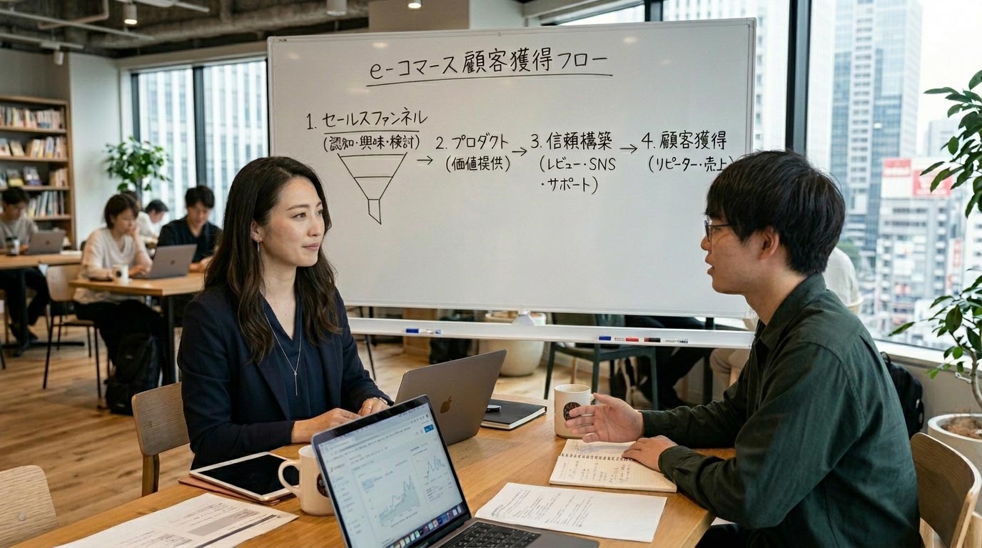 女性責任者が男性社員にマーケティングを教えている　マーケティング　理論　仕組み