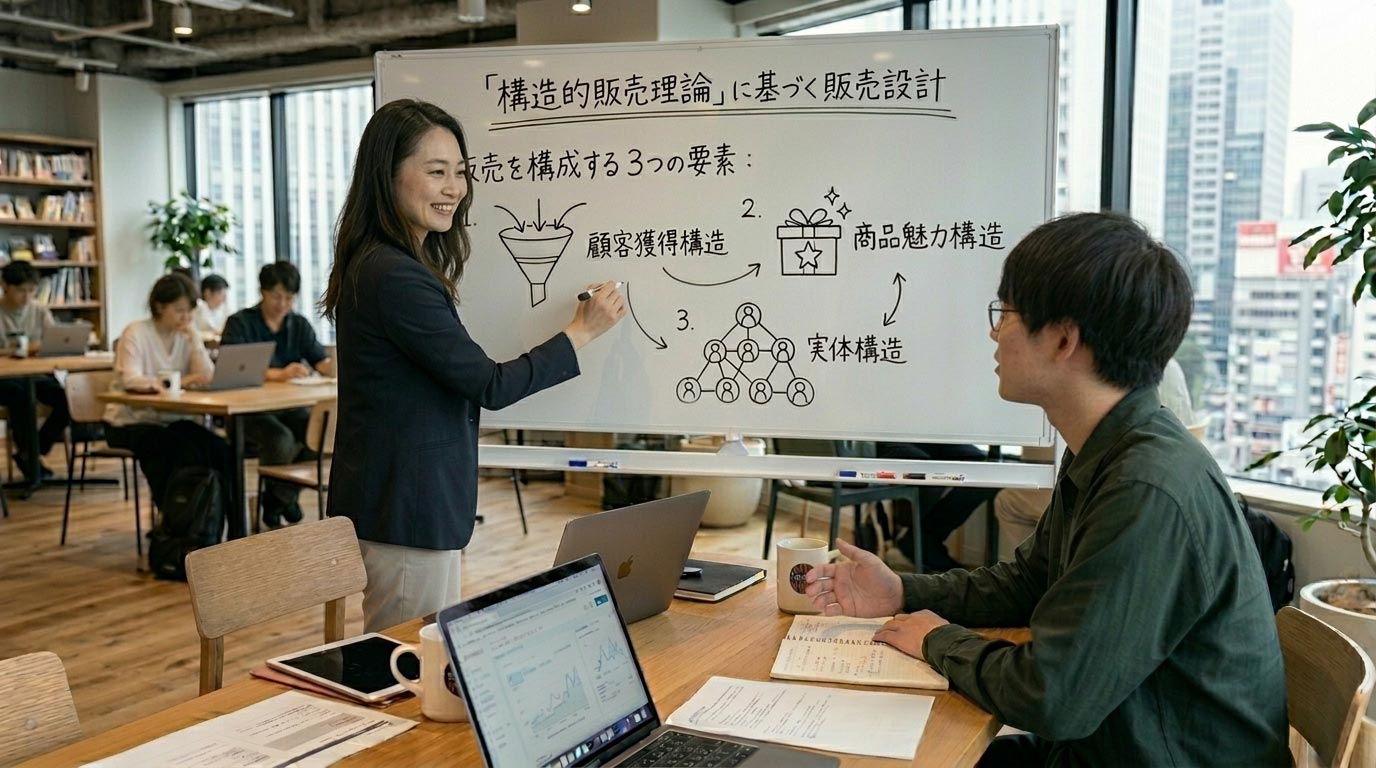 女性責任者が男性社員にマーケティングを教えている　マーケティング　理論　仕組み