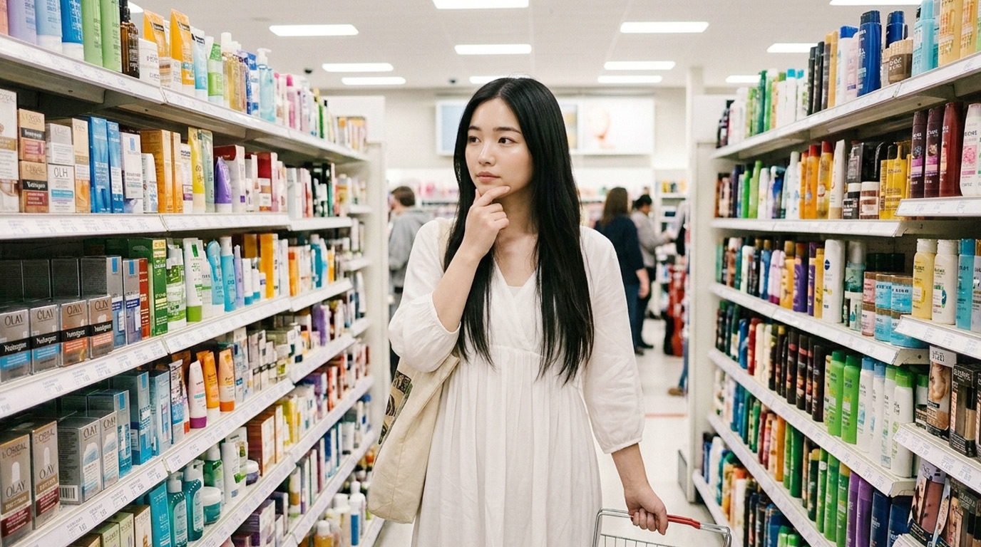 メディア　商品が多くて選ぶことが難しい　お店で商品を選んでいる2