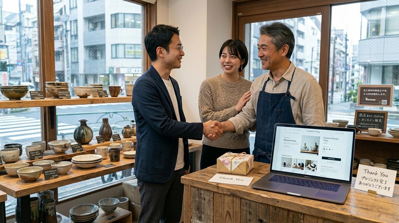 クライアントとクリエイティブチームが握手　ECサイト制作　リニューアル　設計　構築　